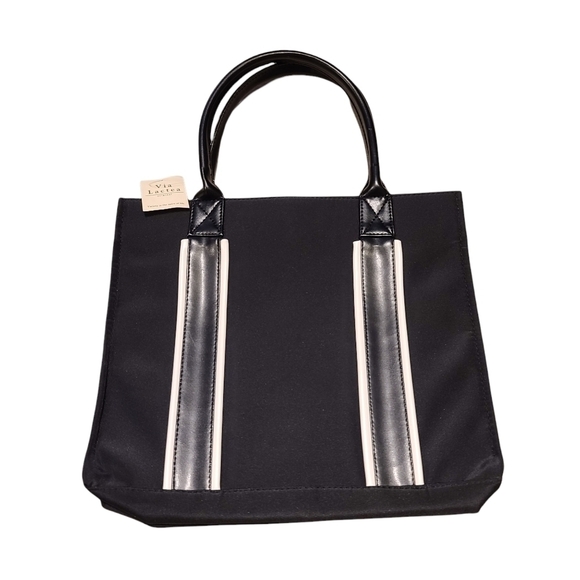 VIA Lactea Original Black Handbag Snap Top Purse Satchel NEW - Picture 2 of 3
